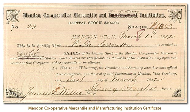 Mendon Co-opertive Mercantile and Manfucturing Institution Certificate