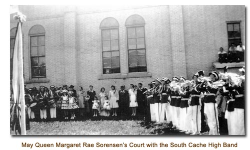 Mendon May Queen, Margaret Rae Sorensen and her court with the South Cache High School Marching Band.